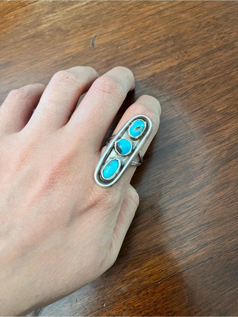 Vintage Sterling Silver 925 Turquoise Oval Trio Ring - Blue